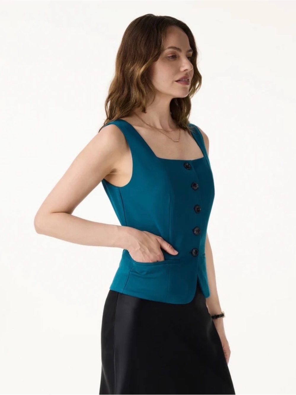 OGLmove Stretch Ponte Square Neck button front Waistcoat Vest Medium Black - Picture 2 of 6